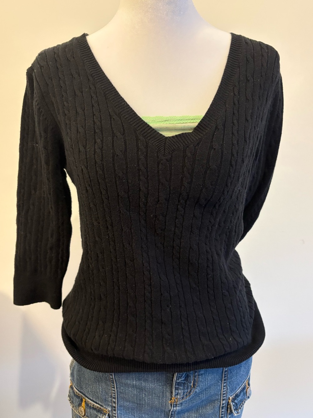 Black Cable Knit V Neck Sweater Minimal Dark Academia Preppy Top
